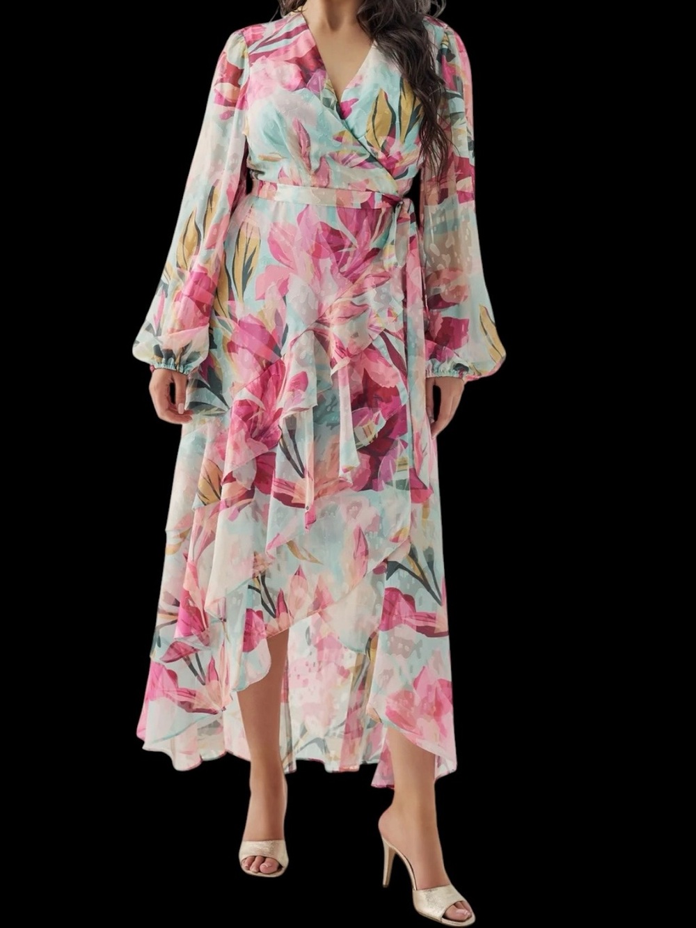 Hutch Sadey Wrap Dress Chiffon Ruffle Pink Aqua Minty Blue NWT